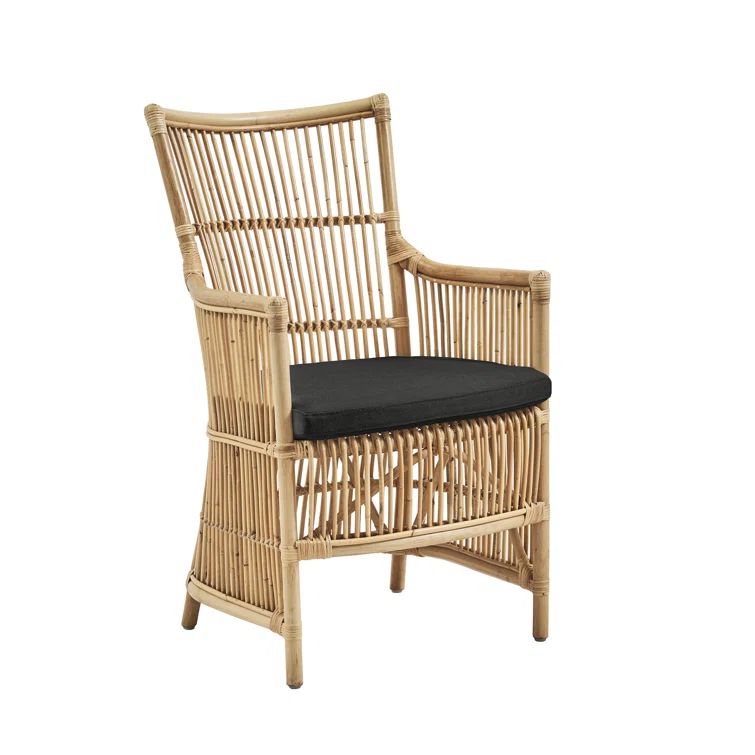 Natural Rattan and Cane High Arm Chair with Black Cushion