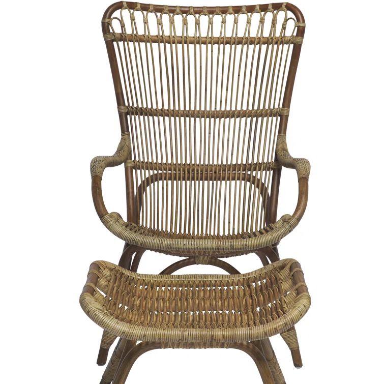 Antique Highback Rattan Lounge Chair and Footstool Set
