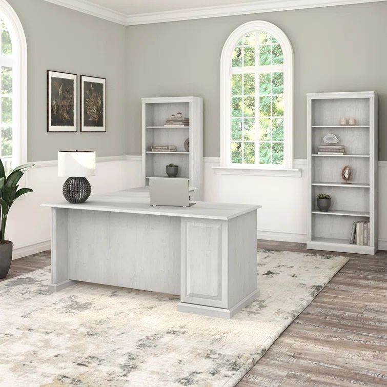 Linen White Oak L-Shaped Computer Desk with 5-Shelf Bookcases