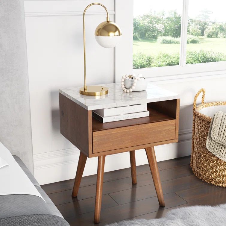 25" Walnut and Faux Marble Side Table with Storage Drawer