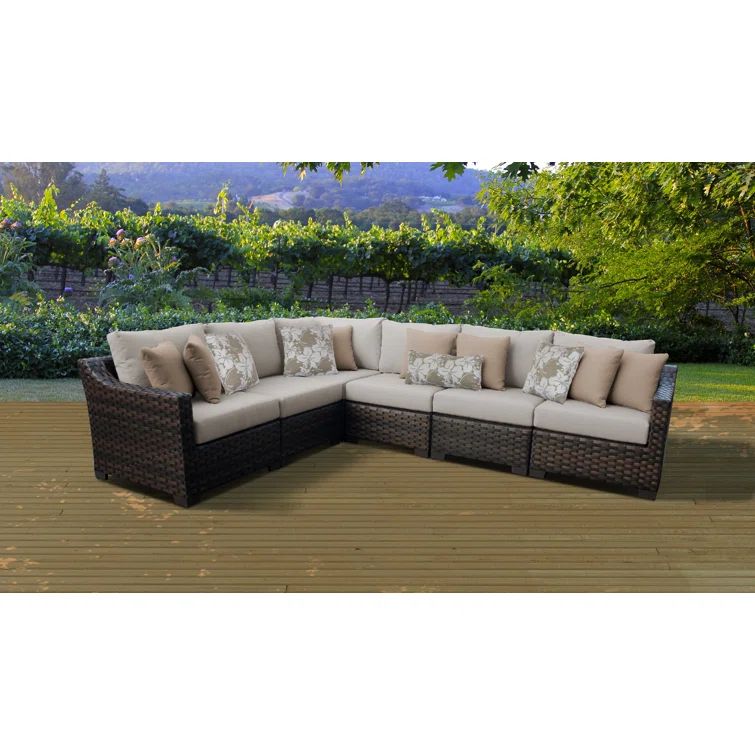 6-Piece Walnut Wicker Outdoor Sectional with Almond Cushions