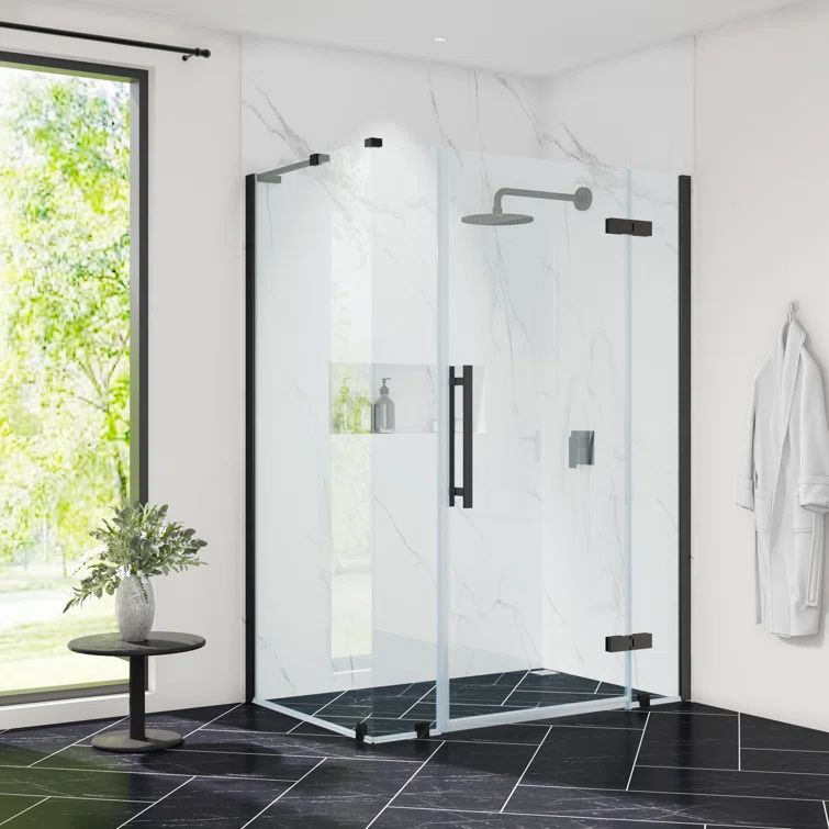 Black Tempered Glass Frameless Corner Shower Enclosure Kit