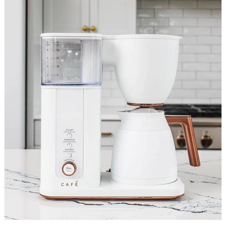Matte White 10-Cup Drip Coffee Maker with Glass Carafe and Copper Accents