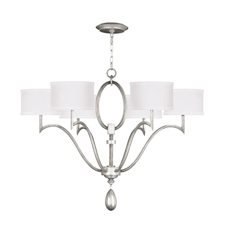 Allegretto 39" White Linen Shade Silver Leaf Round Chandelier