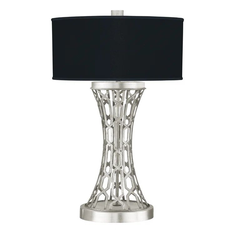 Silver Leaf and Black Metal Table Lamp with Fabric Shade