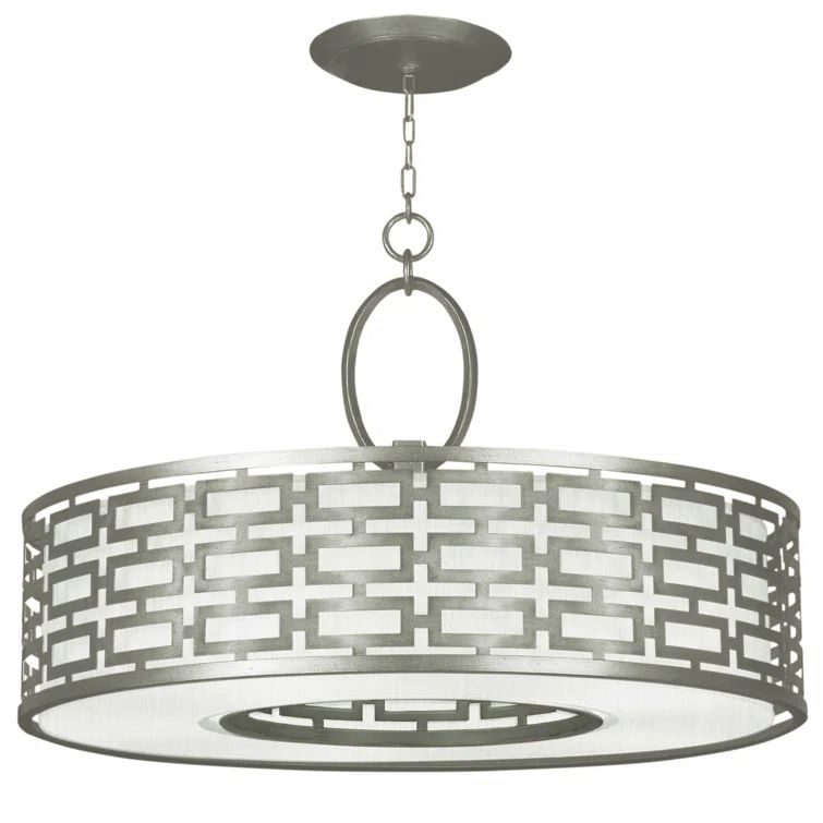 Allegretto 37" Silver Leaf Drum Pendant with White Linen Shade