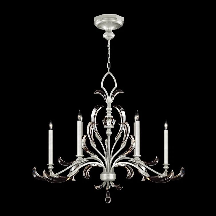Elegant Silver Leaf 6-Light Chandelier with Arcing Beveled Crystals