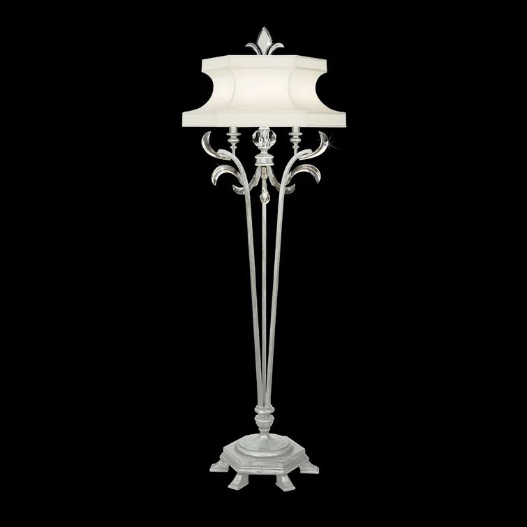 Elegant Silver Leaf 72" Floor Lamp with Laminated Silk Shade and Crystals