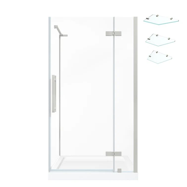 Satin Nickel Frameless Corner Shower Kit with Glass Panels and Shelves