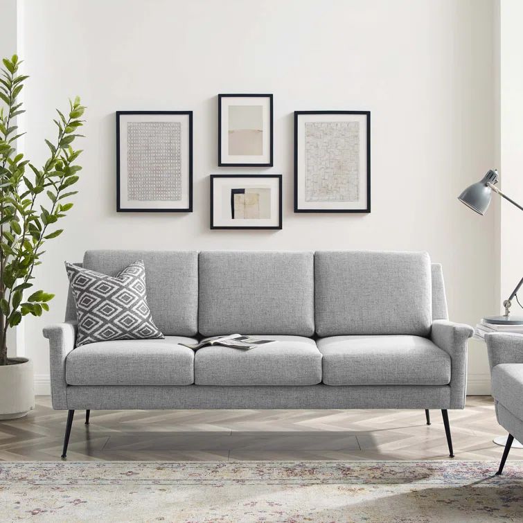 Light Gray Fabric Sofa with Removable Cushions and Sloped Arms