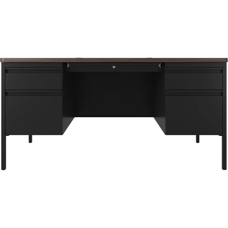 Executive Black Steel Desk with Walnut Laminate Top and Drawers