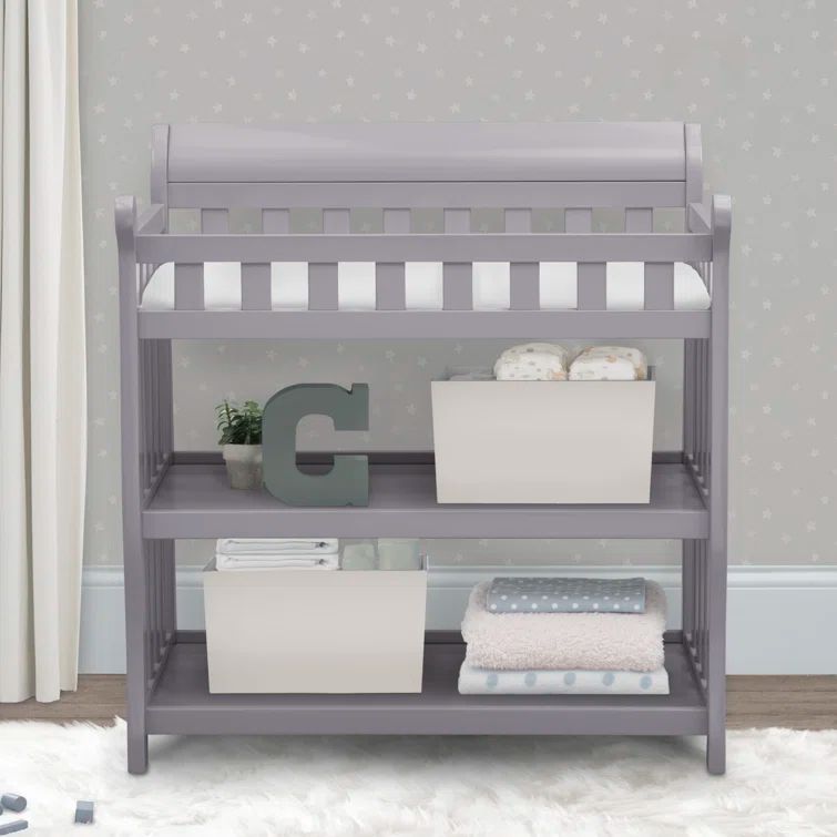 Gray Wooden Changing Table with Safety Strap and Pad