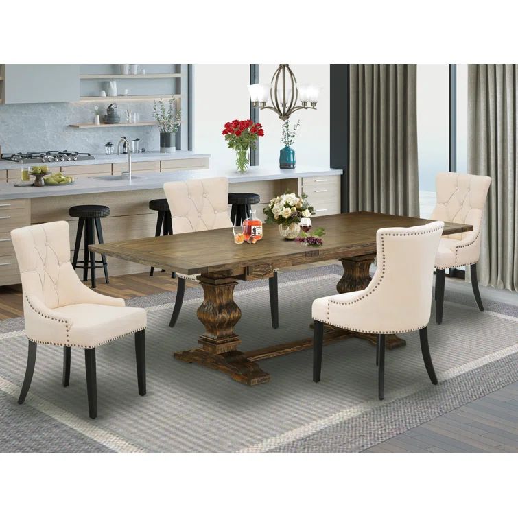 Distressed Jacobean Solid Wood Dining Set with Beige Linen Chairs