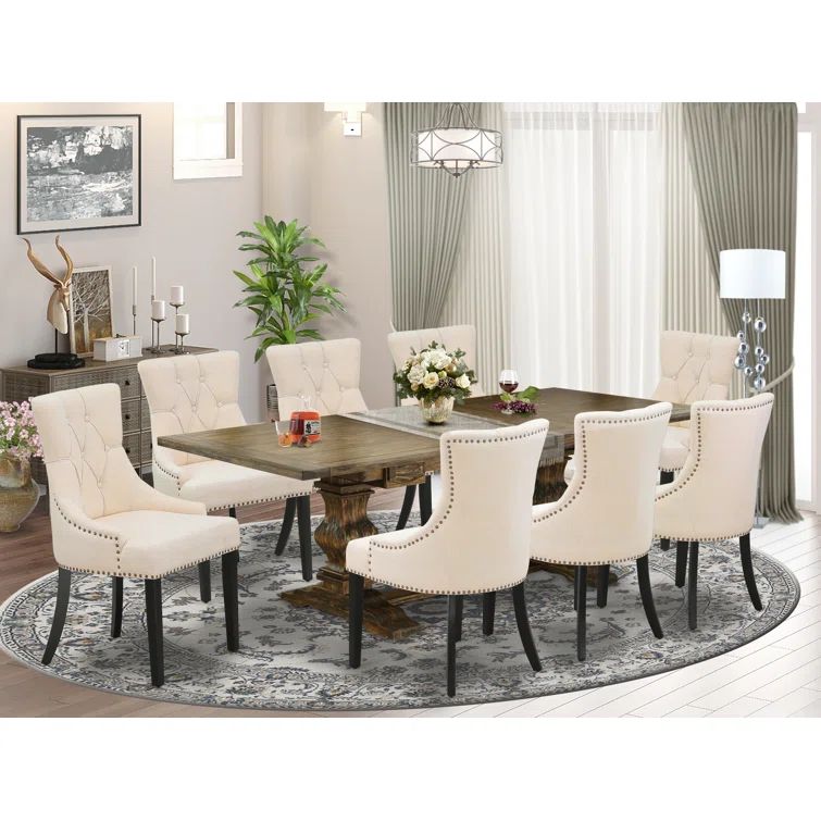 Distressed Jacobean 9-Piece Wood Dining Set with Light Beige Linen Chairs
