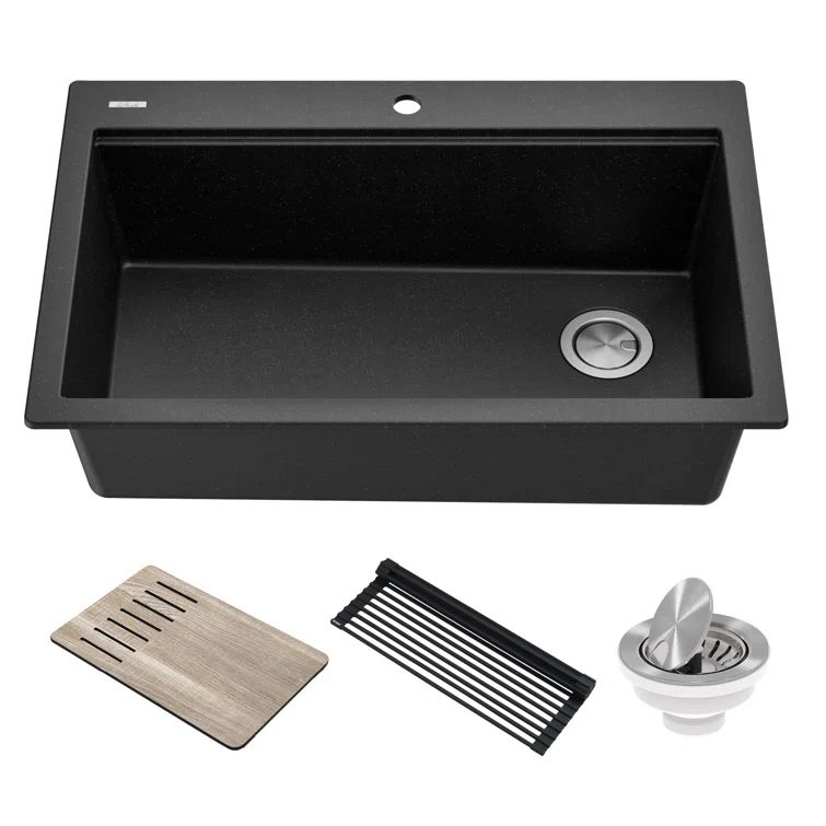 33 in. Metallic Black Granite Composite Single Bowl Kitchen Sink with Accessories