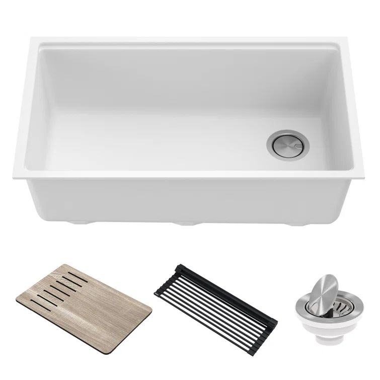 Bellucci White Quartz Composite Undermount Kitchen Sink with Accessories
