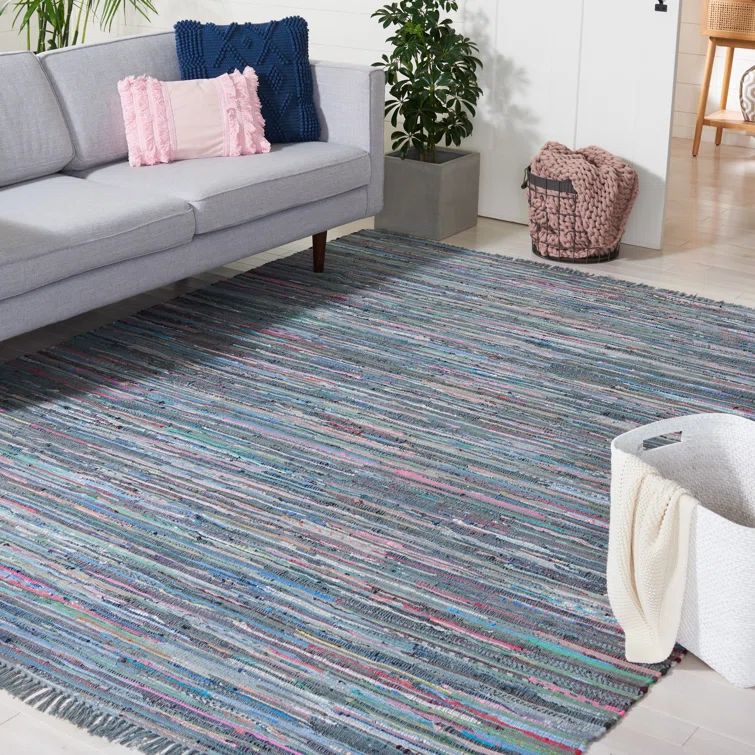 Handmade Boho Stripe Cotton Area Rug 9' x 12' - Aqua & Multi