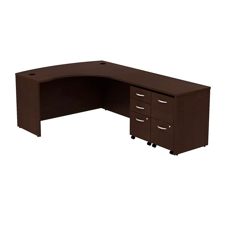 Mocha Cherry Wood Corner Computer Desk with Drawers and Keyboard Tray