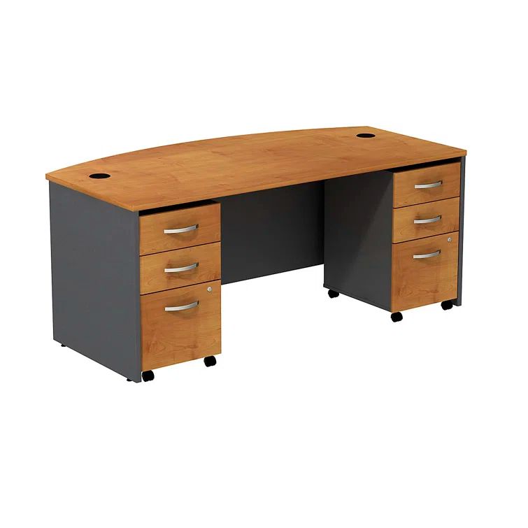 Natural Cherry and Graphite Gray Bow Front Office Desk with Mobile Pedestals