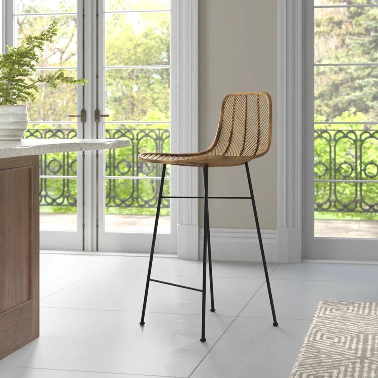 Coastal Rattan 28" Bar Stool with Black Metal Frame