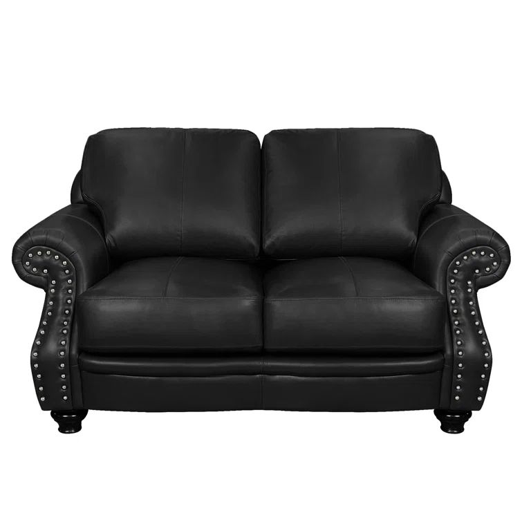 Charleston 63'' Black Leather Nailhead Loveseat with Wood Frame