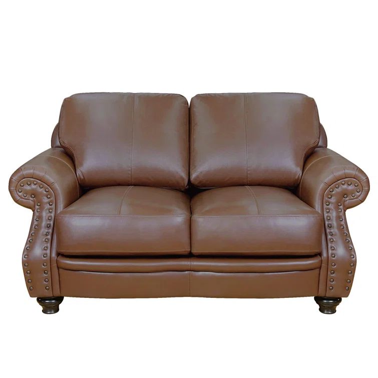 Charleston Chestnut Brown Top-Grain Leather Loveseat with Brass Nailheads