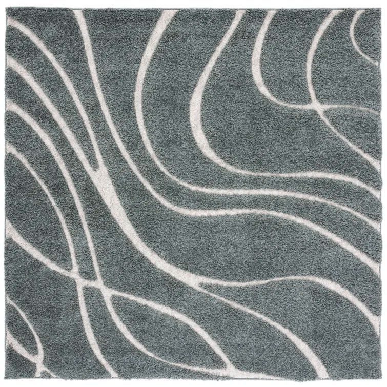 Sage and Ivory Square Shag Rug with Synthetic Fibers