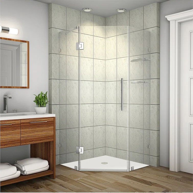 Neoscape Frameless Stainless Steel Neo-Angle Shower Enclosure with Glass Shelves