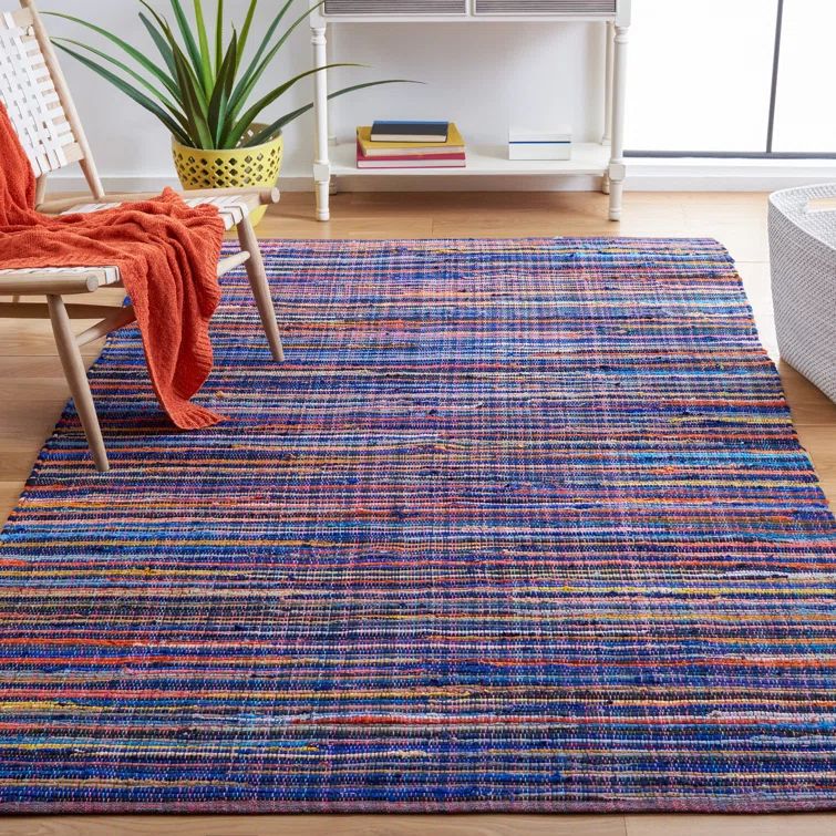 Handwoven Striped Blue and Multicolor Cotton Area Rug, 9' x 12'