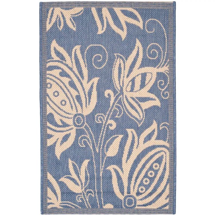 Blue and Natural Floral Synthetic Rectangular Rug, 2'7" x 5'