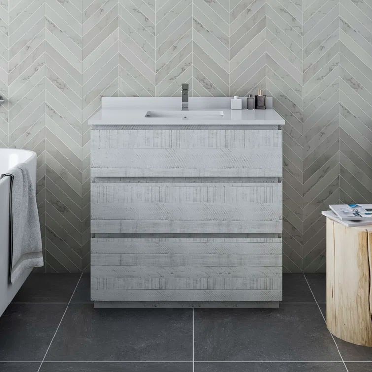 Rustic White Acacia Wood Freestanding Single Sink Bathroom Vanity
