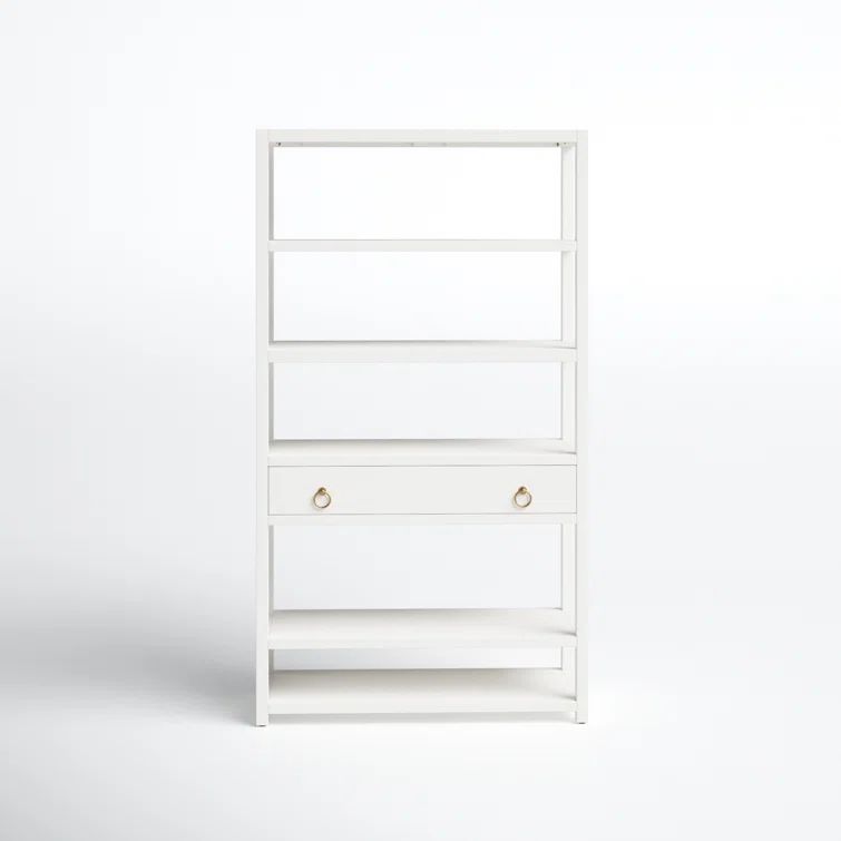 Elevated Elegance White Acacia Wood Etagere Bookcase with Gold Hardware