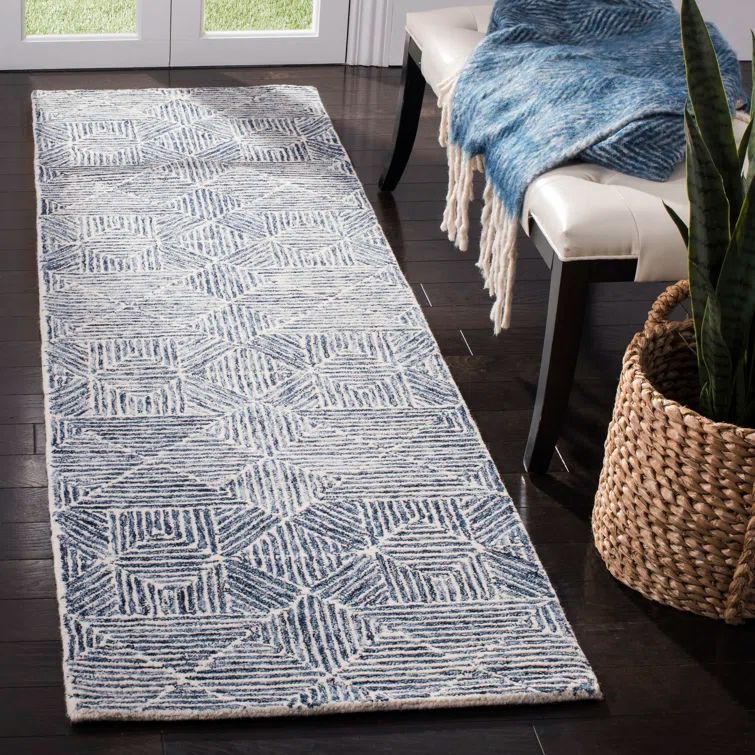 Handmade Ivory and Light Blue Wool Tufted Abstract Runner Rug