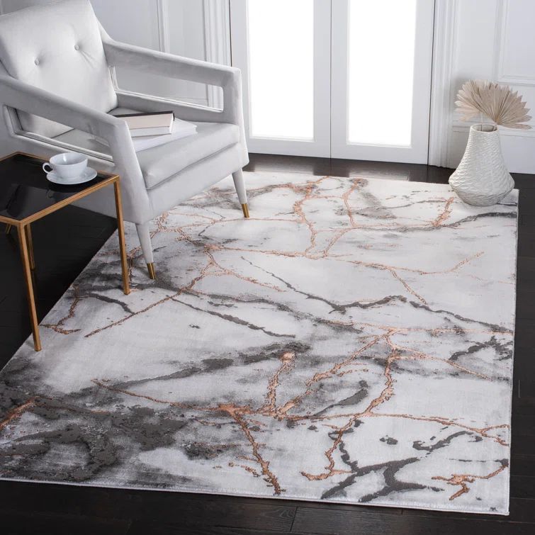 Modern Abstract Gray and Orange Rectangular Area Rug