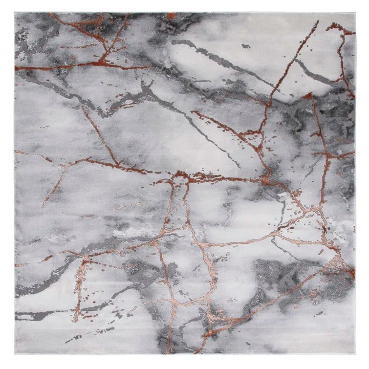 Gray and Orange Abstract Square Synthetic Area Rug