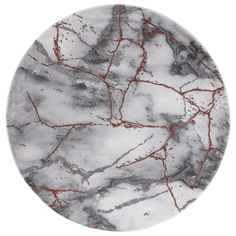 Gray and Orange Round Abstract Stain-Resistant Rug