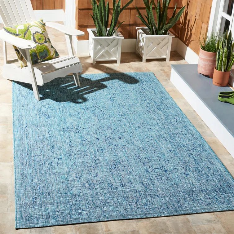 Aqua and Navy Synthetic Stain-Resistant Indoor/Outdoor Rug