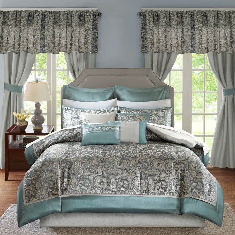 Teal and Gray Floral Motif California King Bedding Set