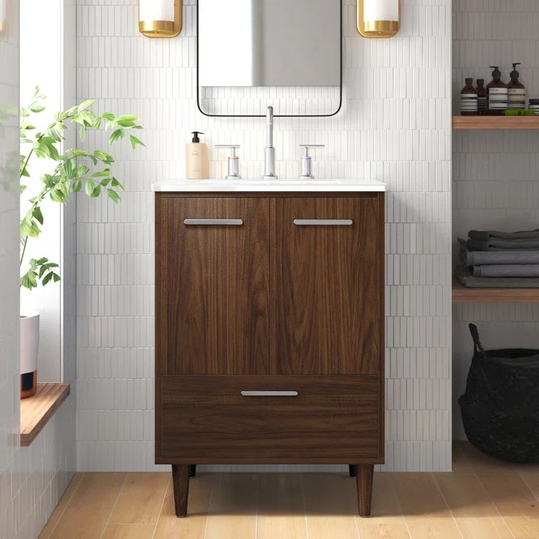 Walnut 24" Solid Wood and MDF Bathroom Vanity with Porcelain Sink