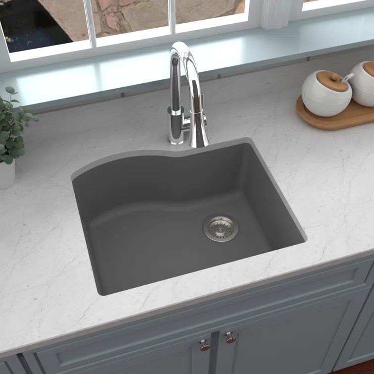 Gray Quartz Composite Undermount Single Bowl Kitchen Sink, 24"