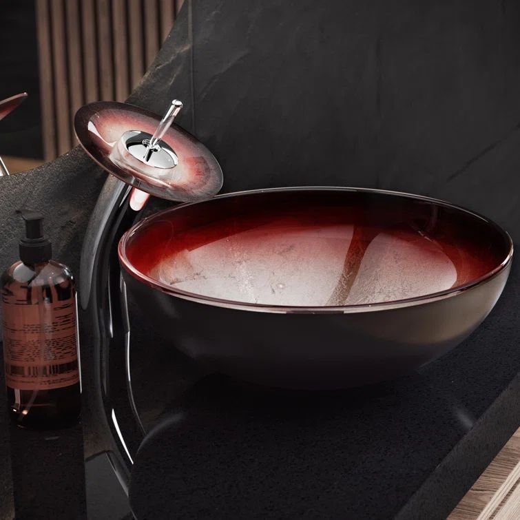 Cascade 16.5" Ember Red Glass Vessel Sink with Faucet