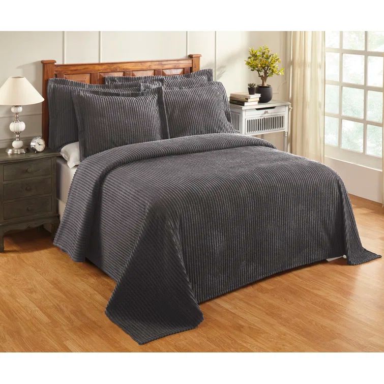 Gray Queen Cotton Chenille Bedspread with Tufted Stripes