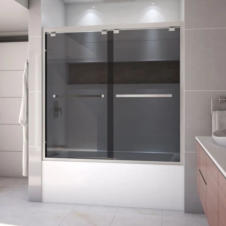 Encore Brushed Nickel Semi-Frameless Sliding Tub Door with Smoke Gray Glass