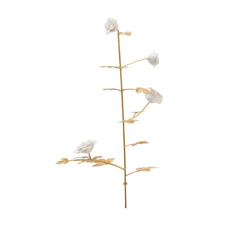 Elegant Rose Stem Porcelain and Iron Decorative Figurine in White and Antique Gold