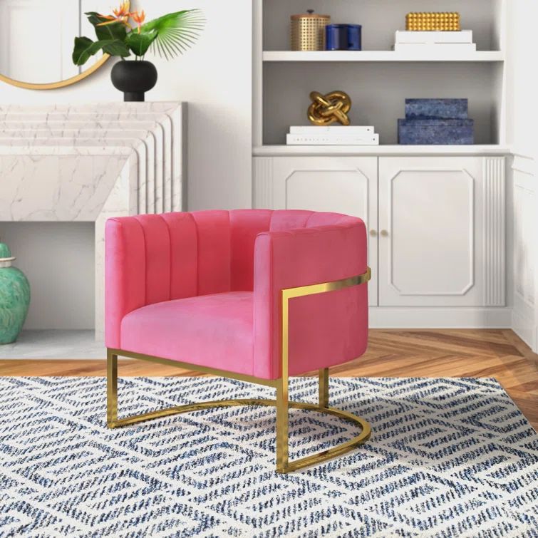 Handcrafted Pink Velvet Barrel Accent Chair with Metal Base