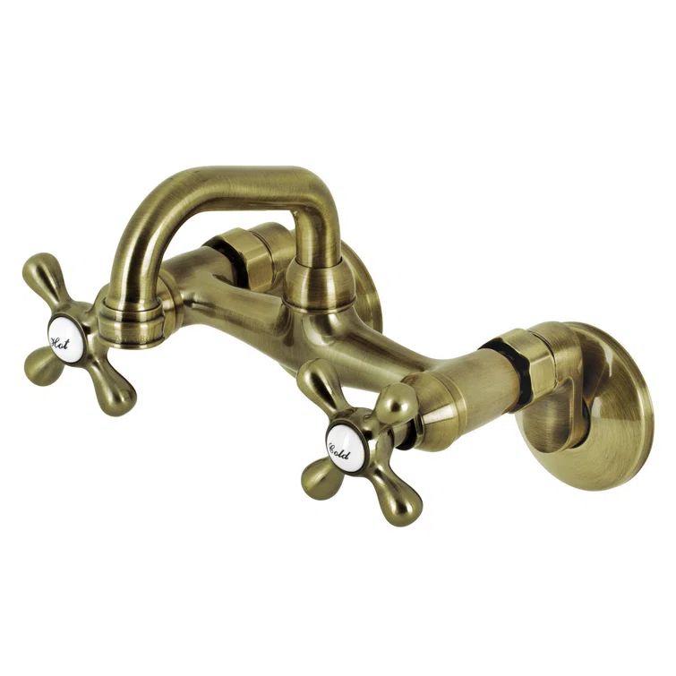Antique Brass Cross-Handle Wall-Mount Kitchen Faucet