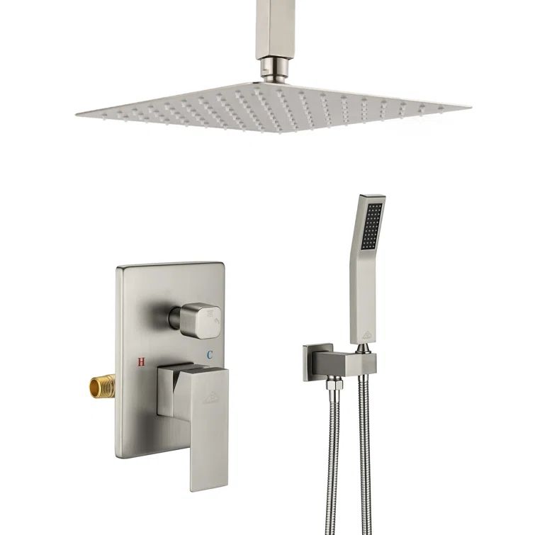 Large Brushed Nickel Ceiling Mounted Square Rain Shower System