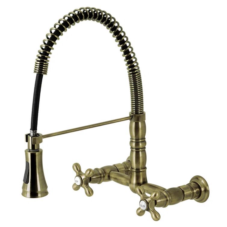 Antique Brass Wall-Mount Pull-Down Kitchen Faucet