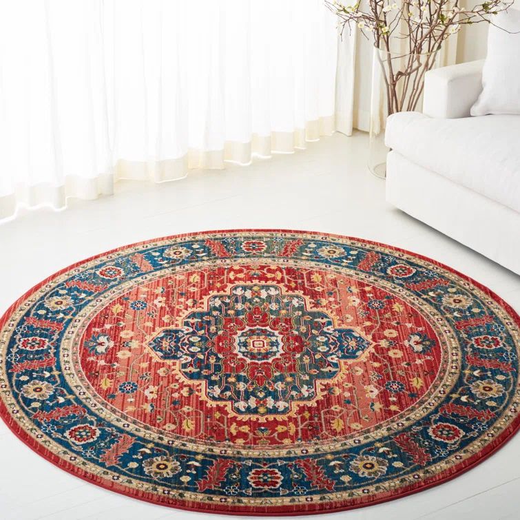 Handmade Red and Navy Round Medallion Rug