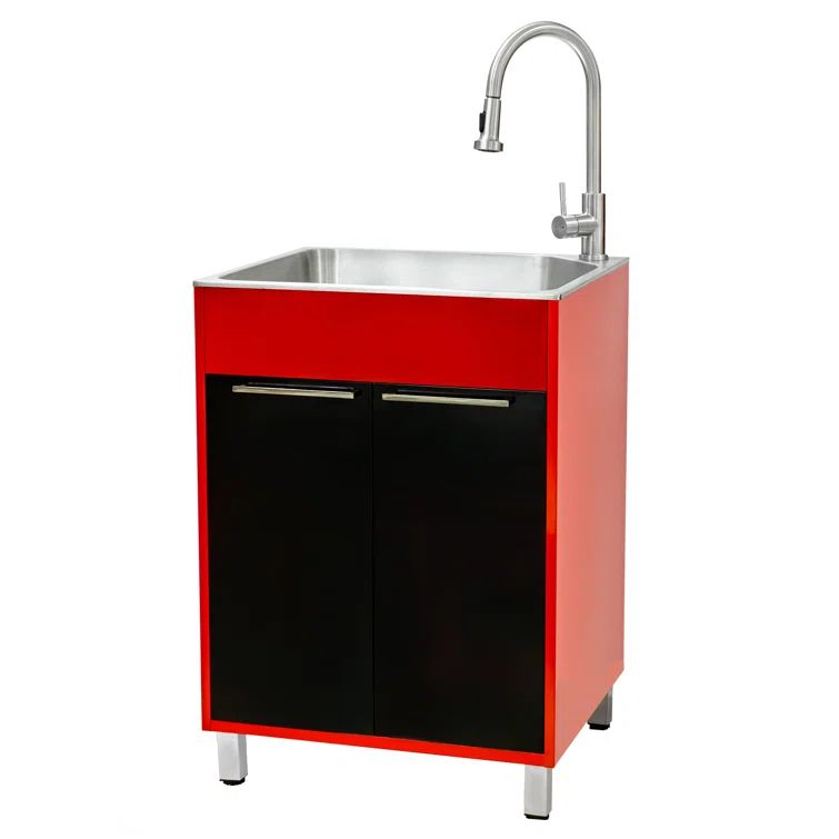 24.1" Red and Black Stainless Steel Drop-In Utility Sink with Faucet